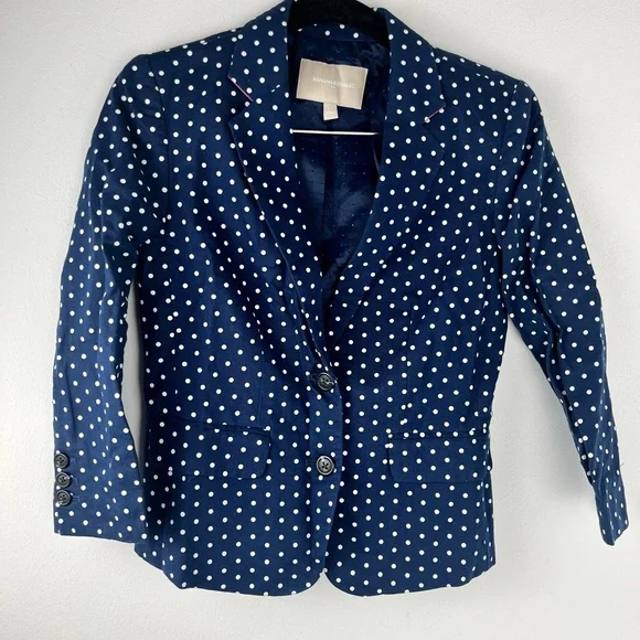 Banana Republic Blazer Womens XS Navy Blue White Polka Dot Linen Cotton Jacket - Picture 1 of 8